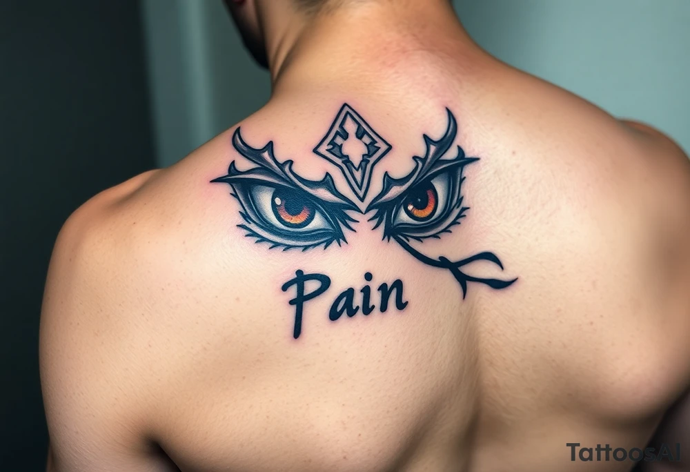 The Nagatto'rinneggan from Naruto just the eyes with a word writed "Pain" in japanese tattoo idea