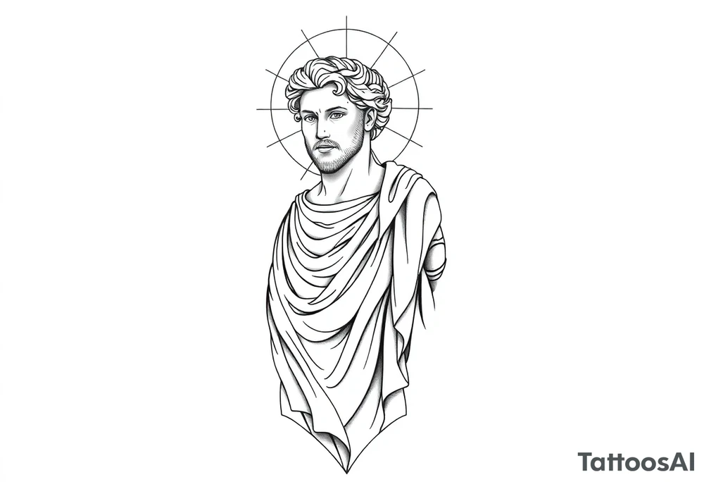 Tattoo design, vertical full sleeve composition, black and grey fine line linework style. Full figure of Apollo, Greek god of light, depicted in classical marble statue style, wearing flowing ancient drapery cloth. Calm powerful stance, balanced proportions, serene expression. Radiant sun halo behind the head with geometric rays. Subtle sacred geometry and orbital cosmic elements surrounding the figure. Laurel wreath symbolism integrated. Light energy lines and minimal abstract flow shapes. Clean composition, elegant, not overcrowded. Include the quote in fine serif lettering: “Do. Or do not. There is no try.” Tattoo stencil design, white background, no dark horror elements, no wings, professional tattoo flash. tattoo idea