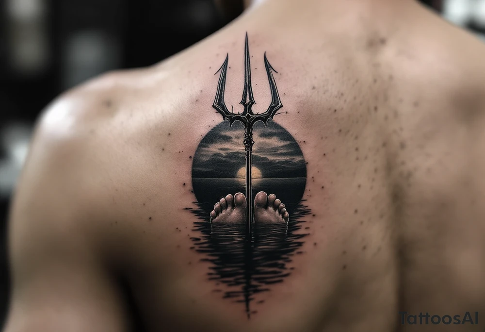 barefeet behind trident with water and sunset tattoo idea