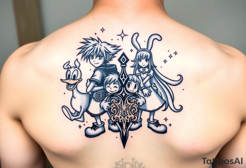 custom Kingdom Hearts tattoo design featuring Sora, Kairi, Riku, Donald, and Goofy together in a dynamic, united pose. The centerpiece should include the Heartless Keyblade, with a beautiful and ethereal Kingdom Hearts-inspired background—think glowing stars, floating islands, and stained-glass elements. The design should capture themes of friendship, light vs. darkness, and adventure. Style should be detailed, fantasy-oriented, and suitable for a large piece (like an upper arm sleeve or back piece).” tattoo idea