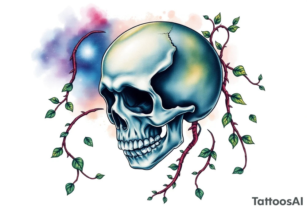 gothic skull as a planet and intertwined with climbing  vines and galaxy in background of skull tattoo idea