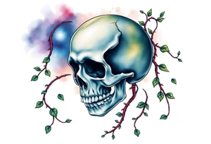 gothic skull as a planet and intertwined with climbing  vines and galaxy in background of skull tattoo idea