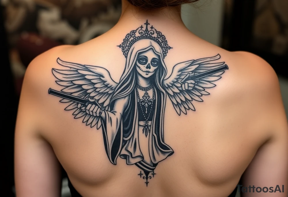old angel statue (Santa Muerte style) criminal style tattooed and at the same time contemporary, weapons in hand, gangster-style gold necklaces tattoo idea