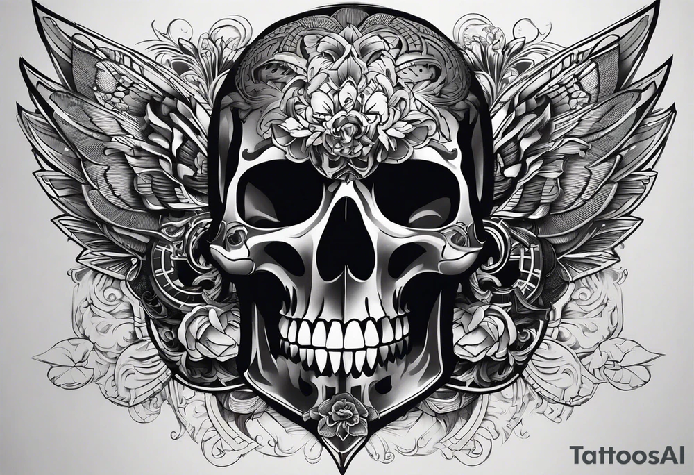unique tattoo design featuring a skull with strap on the mouth that appears to be releasing or breaking free from its constraints. The design should be intricate, with detailed shading and textures to give it a realistic look. The skull should be positioned on the neck as if it's emerging from the skin. I'd like the design to be bold and eye-catching, with a mix of grey and bright colors to create a striking contrast. tattoo idea