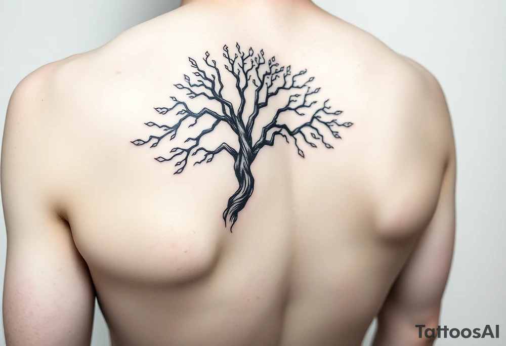 Flowing asymmetrical symbolic tree quarter sleeve on shoulder. Bold and simple branches that do not look realistic. Tree of gondor tattoo idea