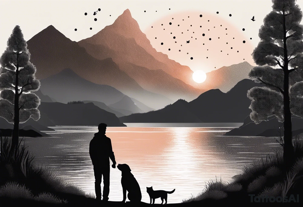 nature, sunset, mountains, a father and son with his dog and cat sitting by the water tattoo idea