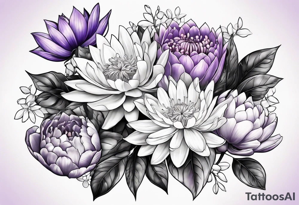 bouquet with violet, water lily, holly, carnation and chrysanthemum tattoo idea