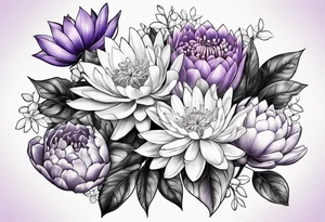 bouquet with violet, water lily, holly, carnation and chrysanthemum tattoo idea