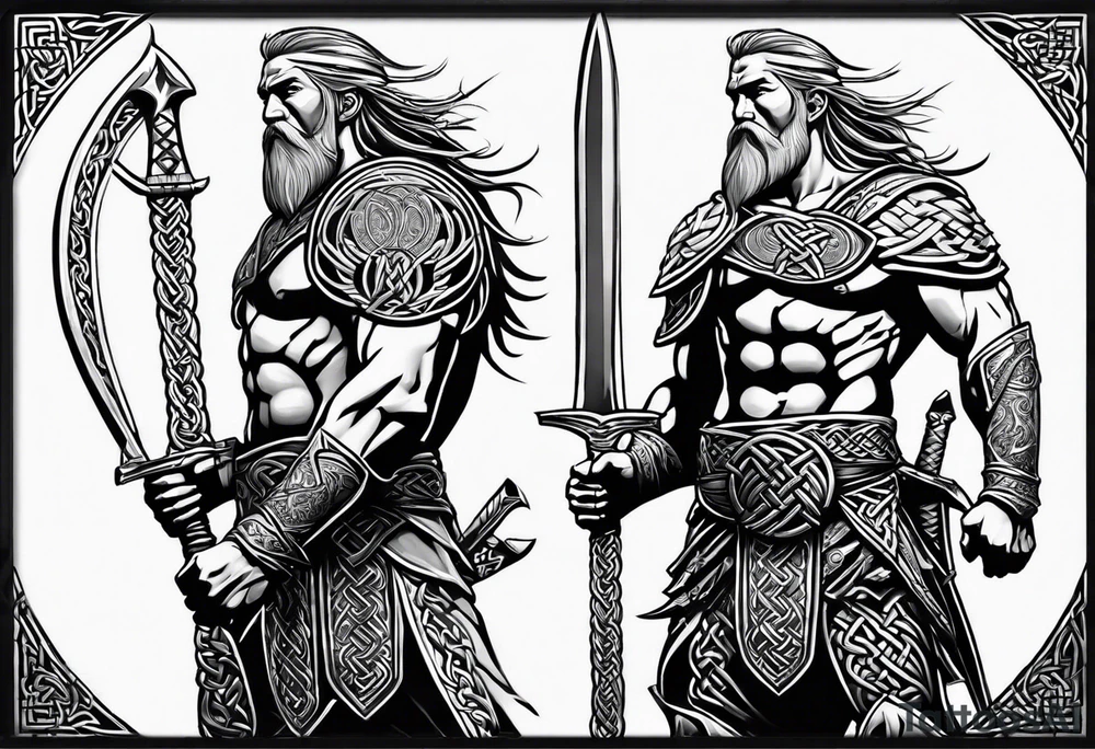 Full body side profile of Celtic warrior with weapons drawn tattoo idea