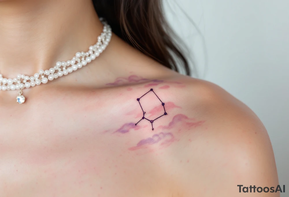 A soft pastel rendering of the Capricorn constellation on the collarbone, with pink and lavender clouds behind it. tattoo idea
