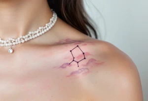 A soft pastel rendering of the Capricorn constellation on the collarbone, with pink and lavender clouds behind it. tattoo idea