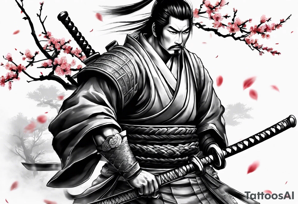 samurai with sword in blood, in armor, for a forearm
Should contains sakura leaves 
The tatoo should show i have dedication, respect and inner strength, and I try to become better everyday tattoo idea