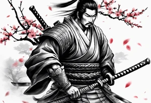 samurai with sword in blood, in armor, for a forearm
Should contains sakura leaves 
The tatoo should show i have dedication, respect and inner strength, and I try to become better everyday tattoo idea