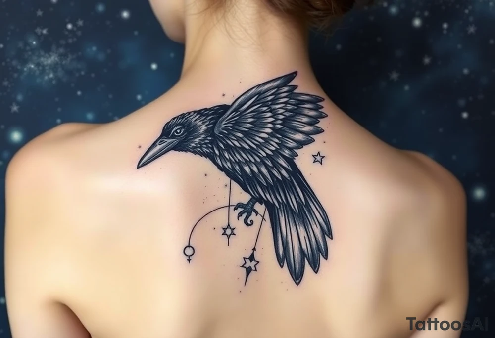 Raven with starry sky background with zodiac constellations in it with runes in sky tattoo idea