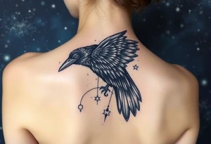 Raven with starry sky background with zodiac constellations in it with runes in sky tattoo idea