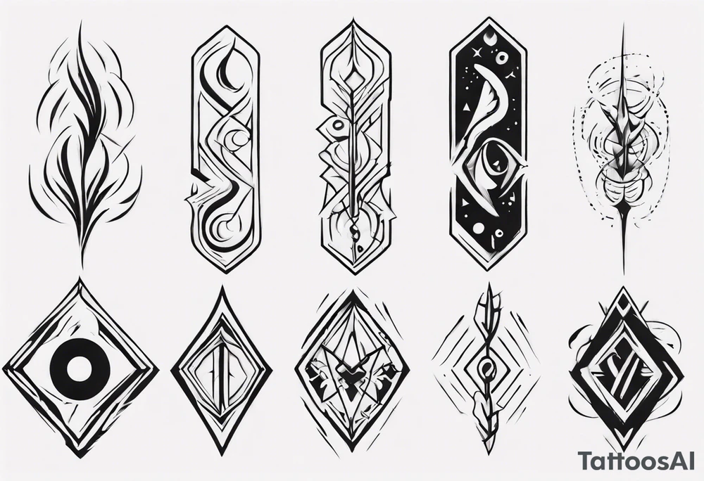 Generate a vertical tattoo design that incorporates abstract shapes and symbols to represent personal growth and evolution, suitable for placement on the back of the forearm tattoo idea