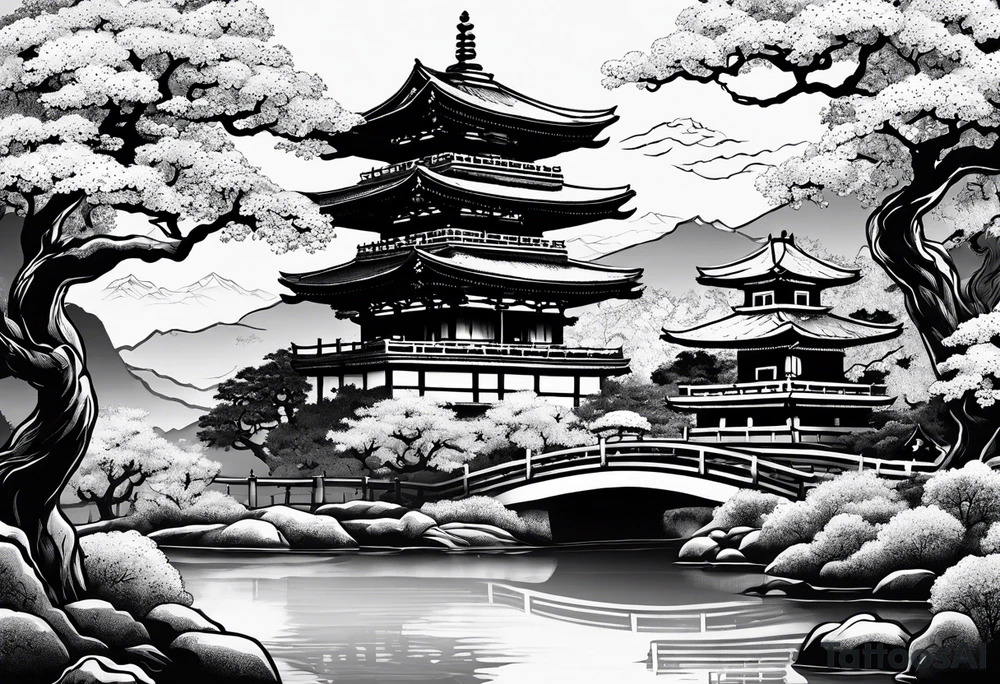 Traditional Japanese temple, Sakura tree, small river , tiger , dragon tattoo idea