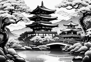 Traditional Japanese temple, Sakura tree, small river , tiger , dragon tattoo idea