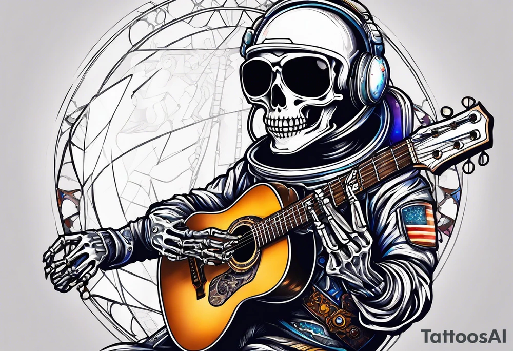 Skeleton astronaut playing acoustic guitar tattoo idea