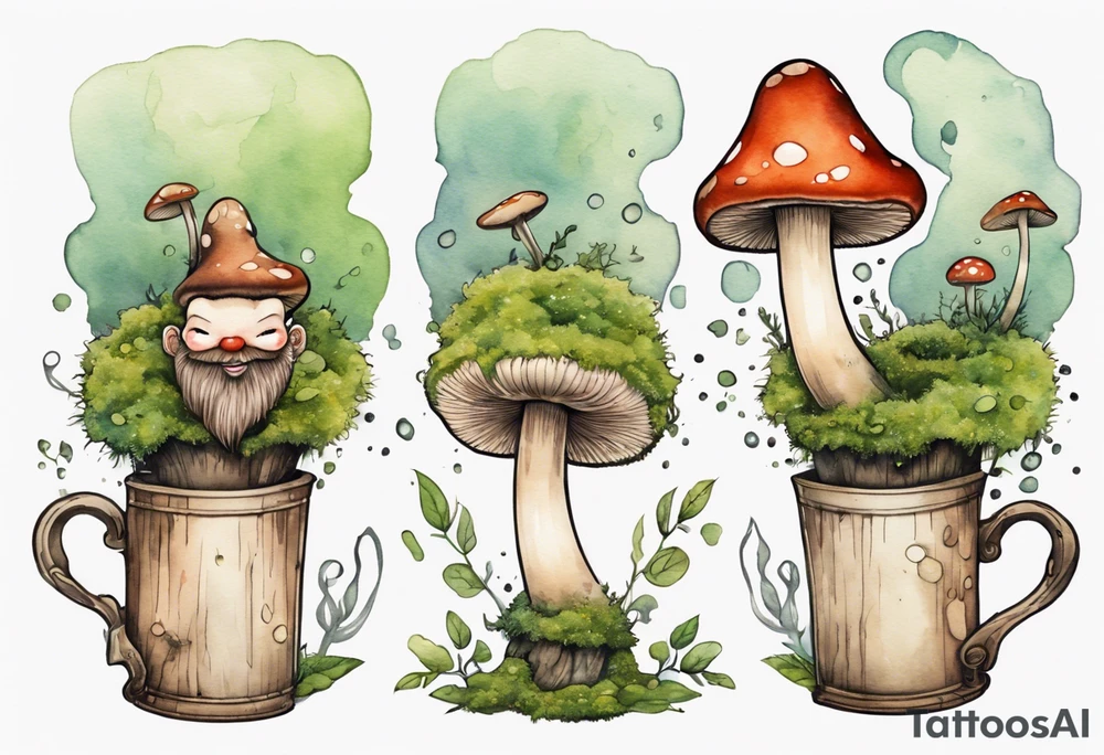 a mushroom with a face and a moss beard and arms and legs drinking from a wood mug, laughing tattoo idea
