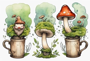 a mushroom with a face and a moss beard and arms and legs drinking from a wood mug, laughing tattoo idea