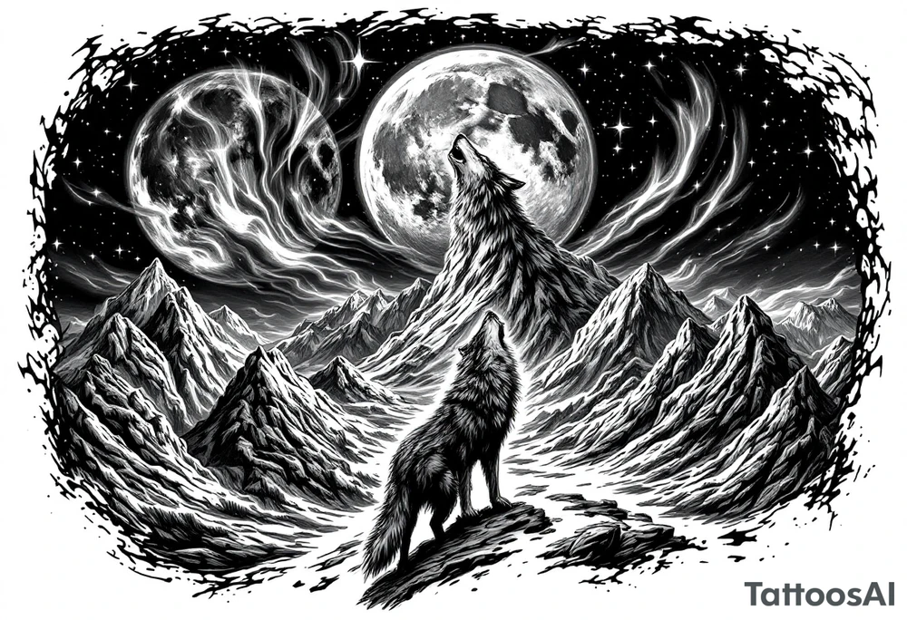 lone wolf howling at full moon with northern lights backdrop tattoo idea