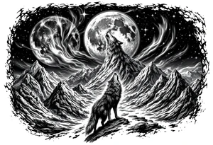 lone wolf howling at full moon with northern lights backdrop tattoo idea
