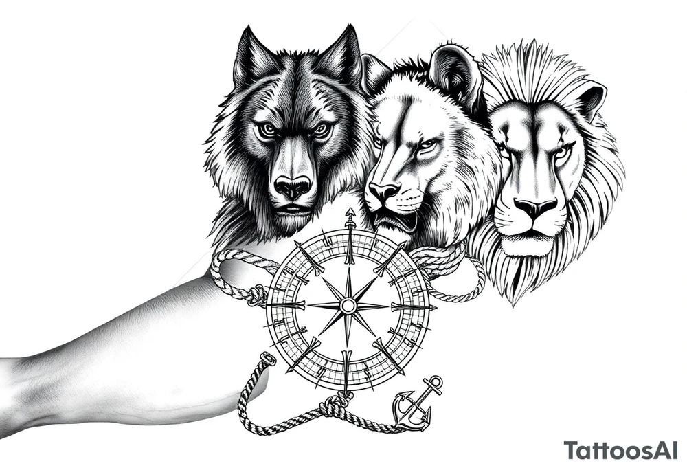 portions wolf, bear, lion, faces; surrounded by a broken old school compass with a rope and anchor on the bottom tattoo idea