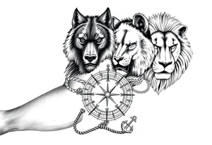 portions wolf, bear, lion, faces; surrounded by a broken old school compass with a rope and anchor on the bottom tattoo idea