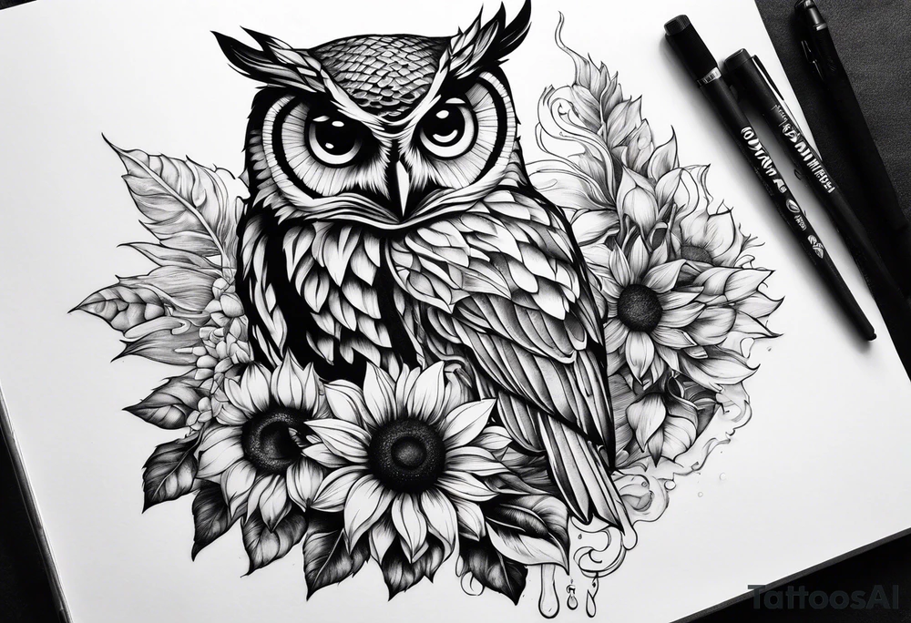 sunflower, camera, water wave, owl, book tattoo idea