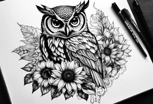 sunflower, camera, water wave, owl, book tattoo idea