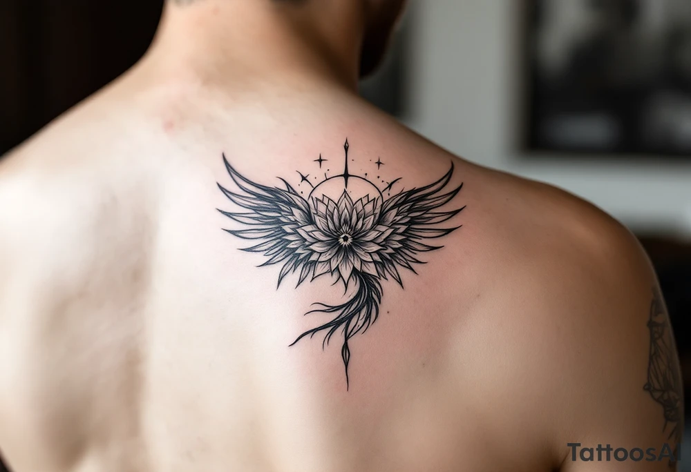 Fine lines small minimalist tattoo combo of phenix and lotus tattoo idea