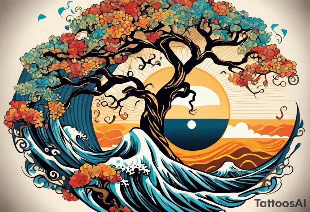 an abstract Tree of Life tattoo. It should have roots growing out of the bottom. The roots slowly turn into water from the Great Wave by Hokusai. A golf flag should be placed discreetly growing out of the ground. 2 license plate tags should be hanging from the tree. Place a few music notes in the areas the leaves should be. The letters A U should be engraving into the tree trunk in a heart. Not inside a circle. The overall shape of the tattoo should be organic. Black and white only. tattoo idea