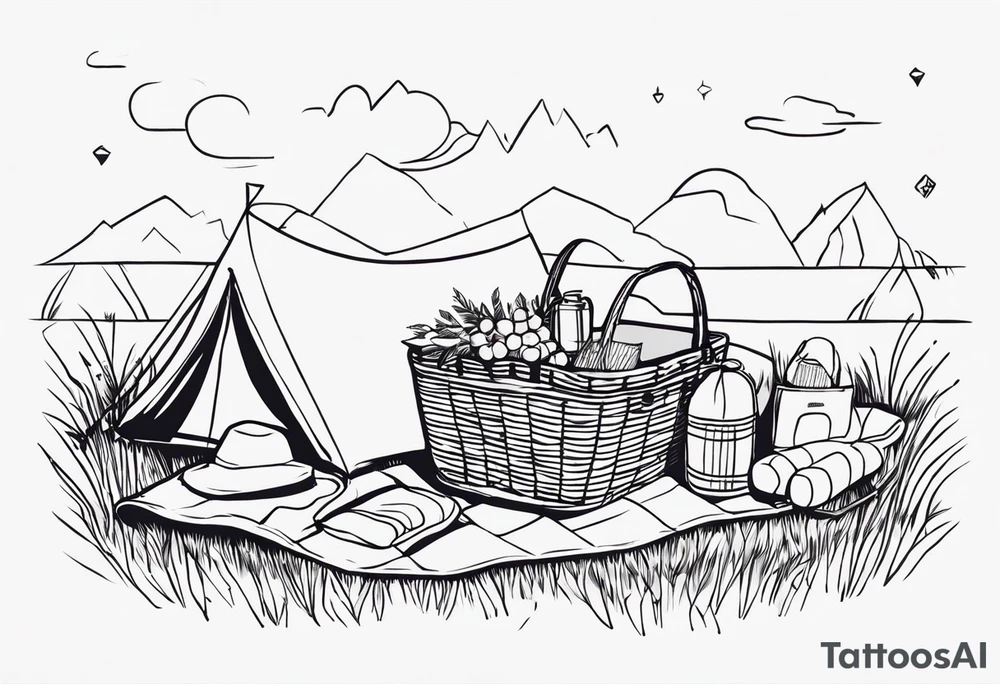 picnic scene on a meadow with a blanket on the ground with one picnic-basket, one backpack, pillows and party pennants. Thin lines. tattoo idea