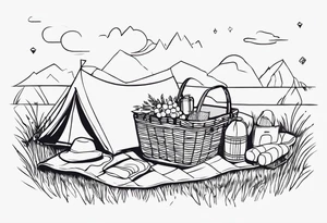 picnic scene on a meadow with a blanket on the ground with one picnic-basket, one backpack, pillows and party pennants. Thin lines. tattoo idea