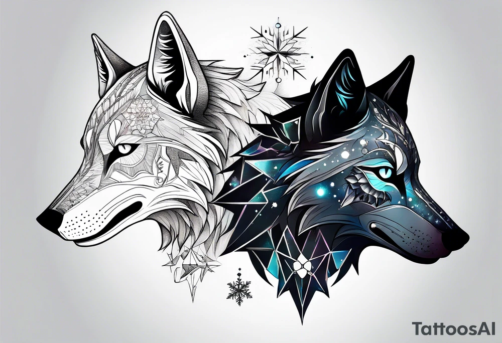 Constellation, two animal alien wolf, snowflake tattoo idea