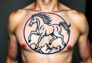 A golden mustang horse with black hair and legs in a circle where the mountain or nature is its contour to accompany the animal in full movement, running like a soul leading the devil. tattoo idea