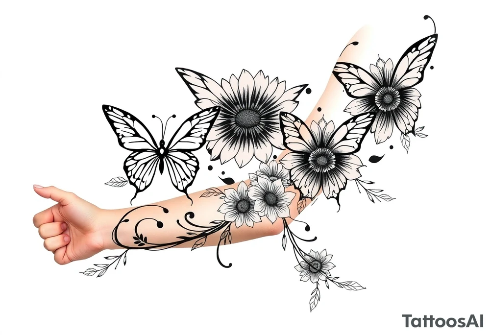Butterflies tulips and sunflowers tattoo idea