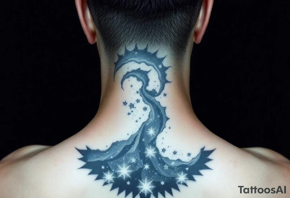 Beautiful and epic 3d milky way that appears to be what is beneath the skin. Make it drape over the shoulder and move to the middle back. use negative spaces to create stars and dust. Incorporate God breathing life into the universe. Keep it symmetrical tattoo idea