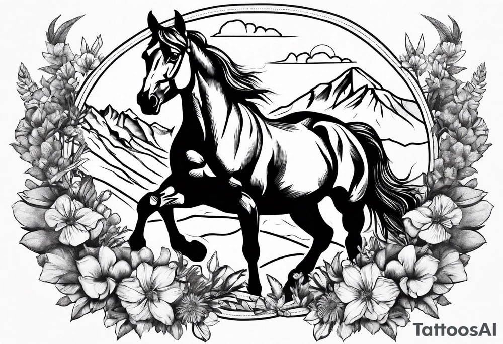 bucking horse, mountains, flowers tattoo idea