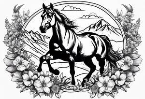 bucking horse, mountains, flowers tattoo idea