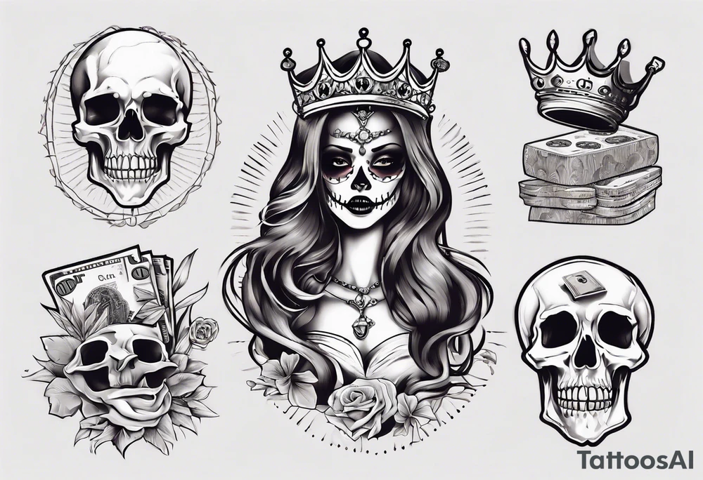 santa la muerta with money and crown
on the card tattoo idea