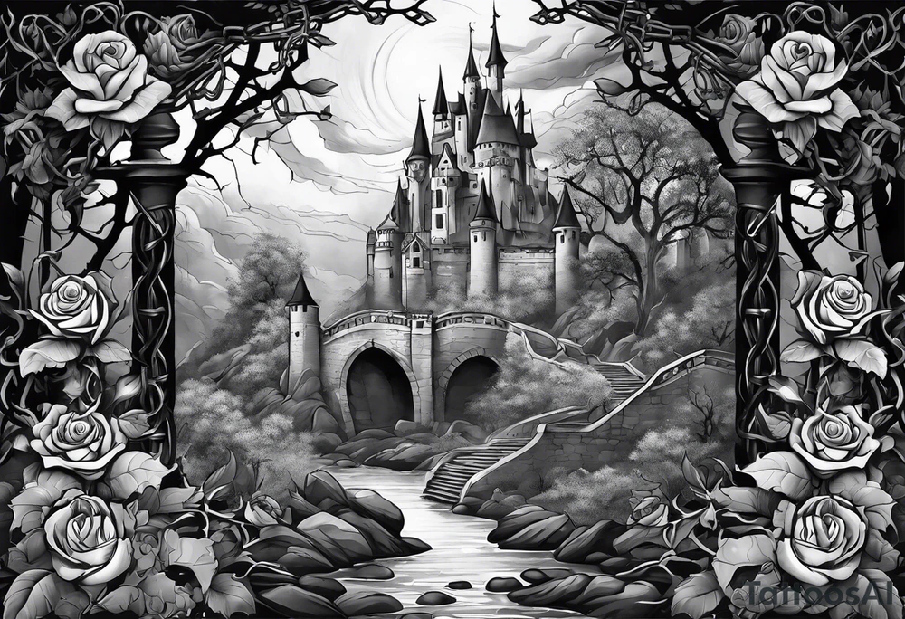 tattoo fool sleeve, dark castle, tree roots break out of the chains, broken mask, girl, roses tattoo idea