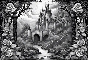 tattoo fool sleeve, dark castle, tree roots break out of the chains, broken mask, girl, roses tattoo idea