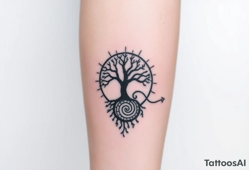 Tree inside of sun, spiral circle roots. A spiral line moving to the right tattoo idea