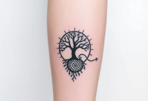 Tree inside of sun, spiral circle roots. A spiral line moving to the right tattoo idea