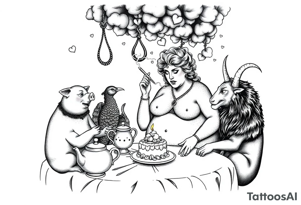 naked fat lady having a tea party with tea pots and 
with a pig, peacock, noose, lion, goat, smoking cigerettes looking in the mirror having sex with a man eating a cake thru storm clouds with knife and broken hearts and darkness and wrath, envy , gluttony, greed, sloth, pride kill tattoo idea