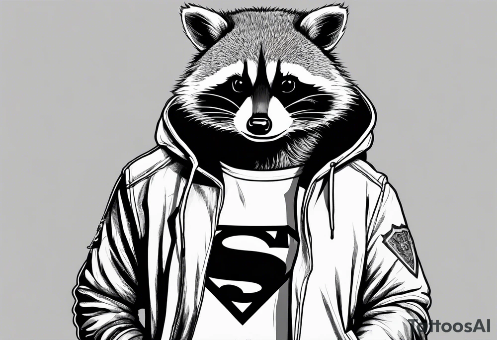 raccoon wearing a Superman hoodie tattoo idea
