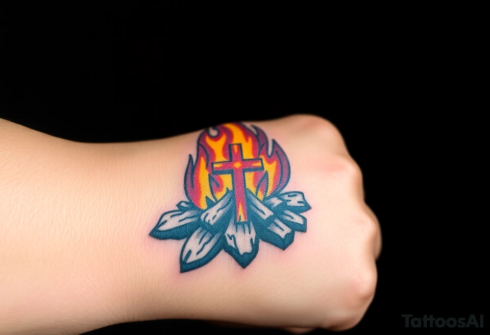 Campfire with a cross hidden in the flames tattoo idea