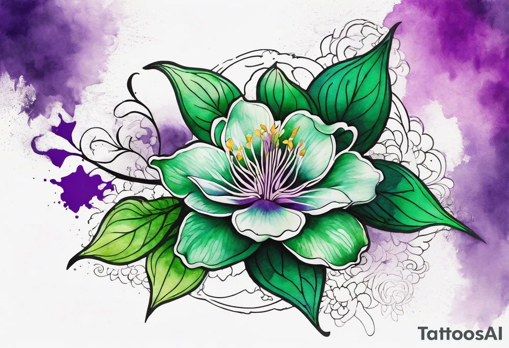 A mystical outline of a green with a bit of purple rio dipladenia flower and a green and purple watercolor splash in the background tattoo idea